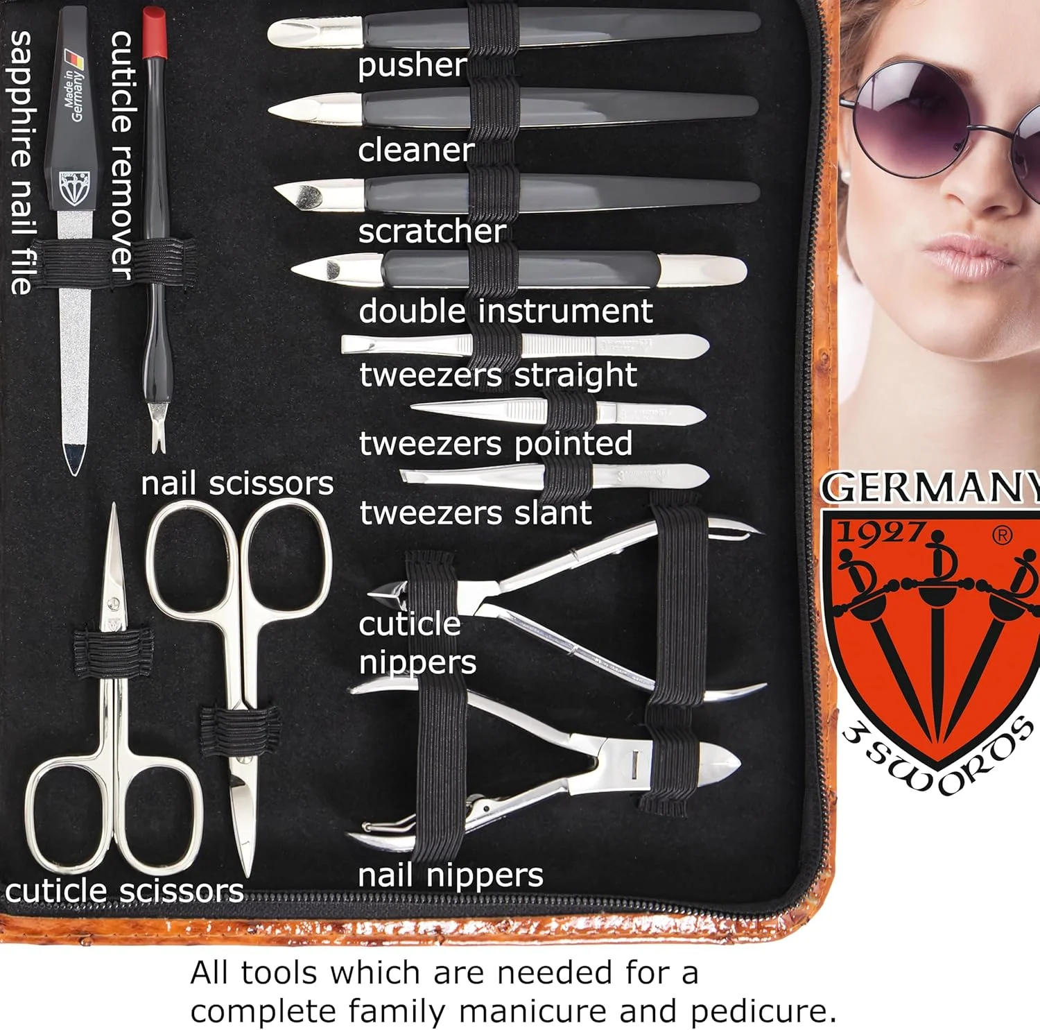 ست مانیکور و پدیکور 23 تکه با کیفیت عالی از برند تری سورز آلمان، مناسب برای مراقبت حرفه‌ای از ناخن‌های دست و پا، شامل موچین، سوهان، ناخن‌گیر، کیف چرمی شیک در جعبه هدیه، ساخت تری سورز (7452)