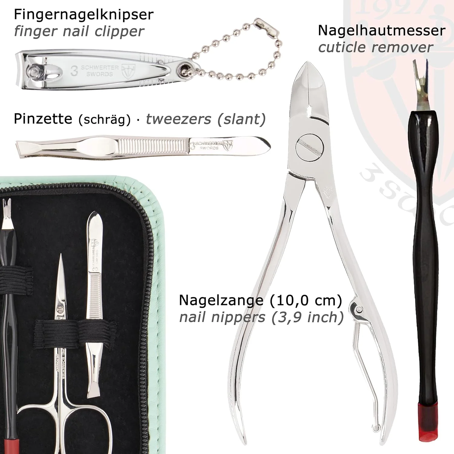 ست مانیکور و پدیکور 6 تکه با کیفیت عالی برند 3 Swords Germany، کیف چرمی شیک نعنایی، ساخت آلمان