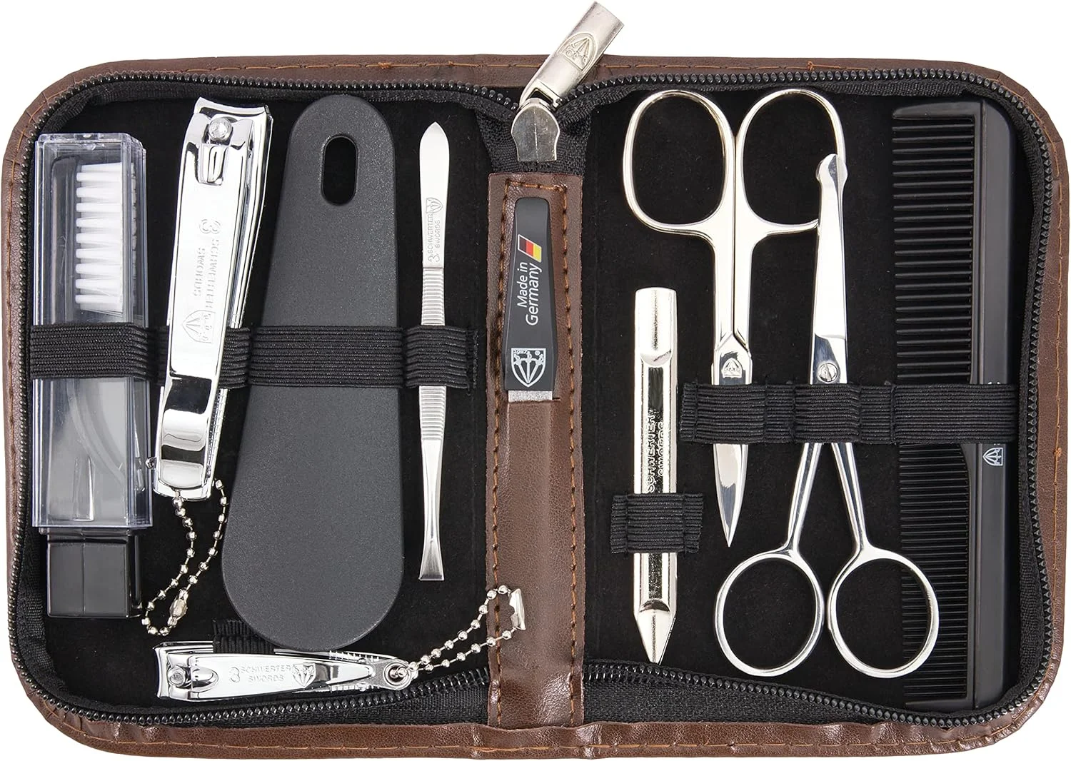 ست مانیکور و پدیکور 10 تکه با کیفیت عالی از برند تری سورز آلمان، مناسب برای مراقبت حرفه‌ای از ناخن‌های دست و پا، شامل موچین، سوهان، ناخن‌گیر، کیف چرمی شیک در جعبه هدیه، ساخت تری سورز (01610)