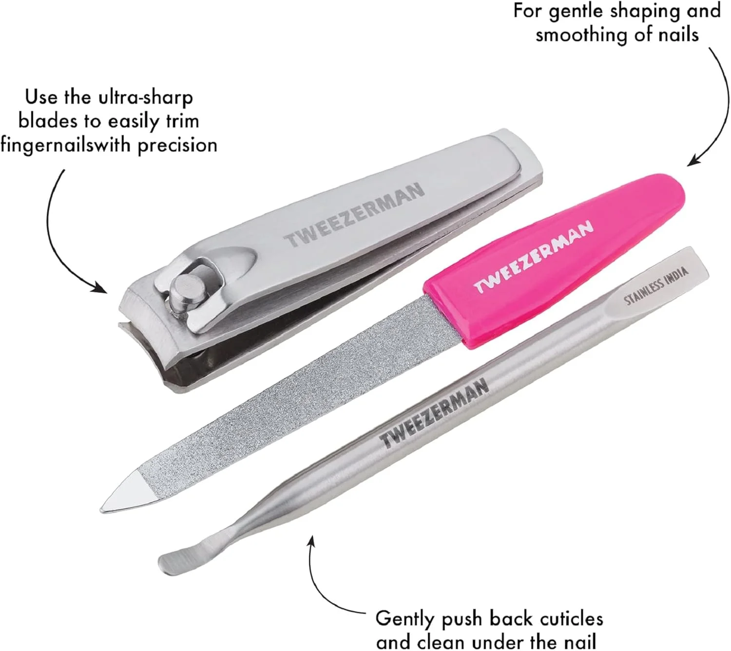 ست مینی مانیکور توییزرمن، مجموعه 3 عددی لوازم ضروری قابل حمل مراقبت از ناخن شامل ناخن گیر، عقب زن و تمیز کننده کوتیکول و سوهان فلزی، ابزارهای تیز از جنس استیل ضد زنگ در جعبه صورتی جمع و جور، مناسب برای آراستگی در سفر ست مینی مانیکور توییزرمن، مجموعه 3 عددی لوازم ضروری قابل حمل مراقبت از ناخن شامل ناخن گیر، عقب زن و تمیز کننده کوتیکول و سوهان فلزی، ابزارهای تیز از جنس استیل ضد زنگ در جعبه صورتی جمع و جور، مناسب برای آراستگی در سفر