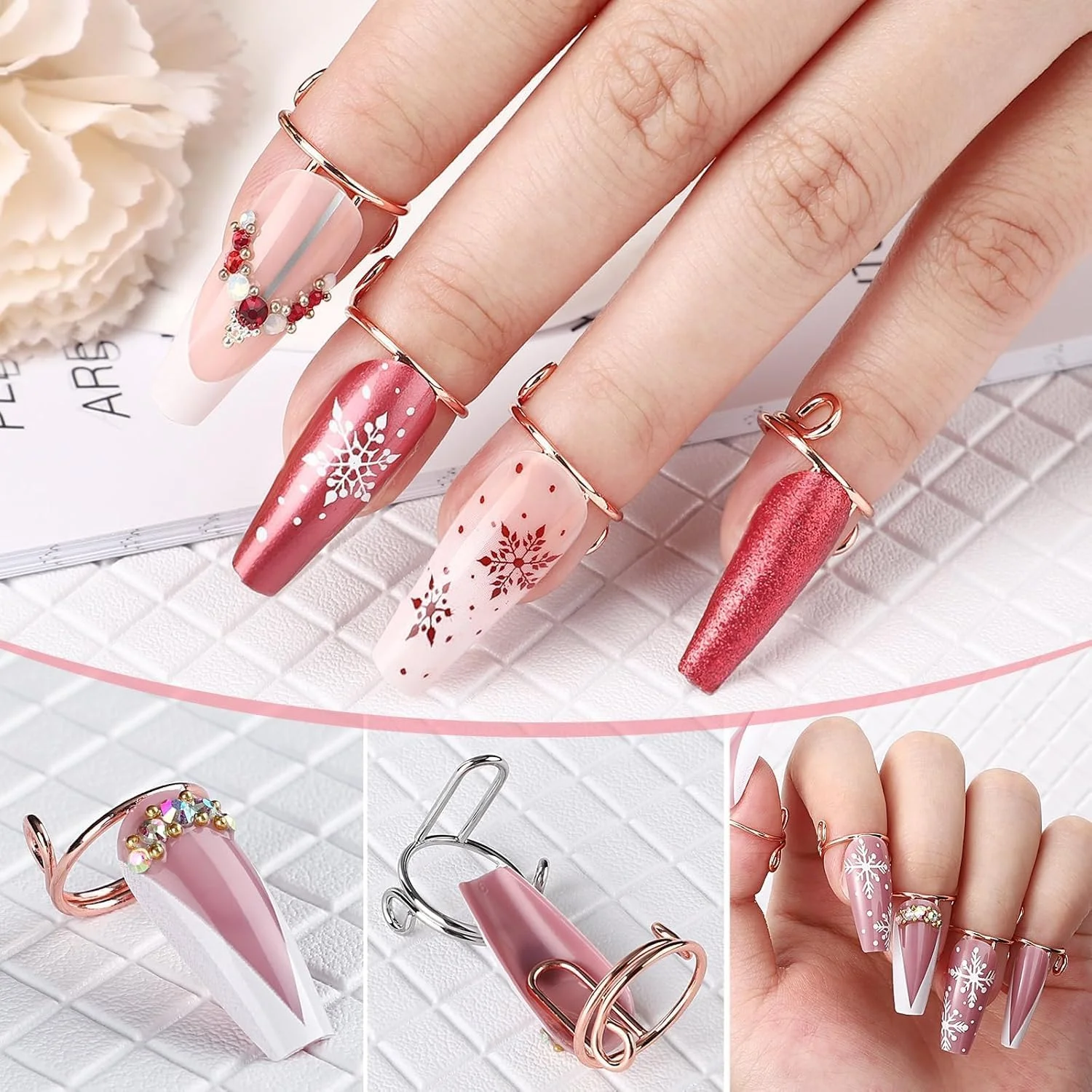 حلقه های ناخن برای ناخن های مصنوعی، مجموعه حلقه ناخن فلزی قابل تنظیم، بدون نیاز به چسب، تزئینات ناخن انگشت قابل استفاده مجدد برای زنان، لوازم جانبی مانیکور DIY در رزگلد و نقره ای (20 عدد، 2 رنگ)