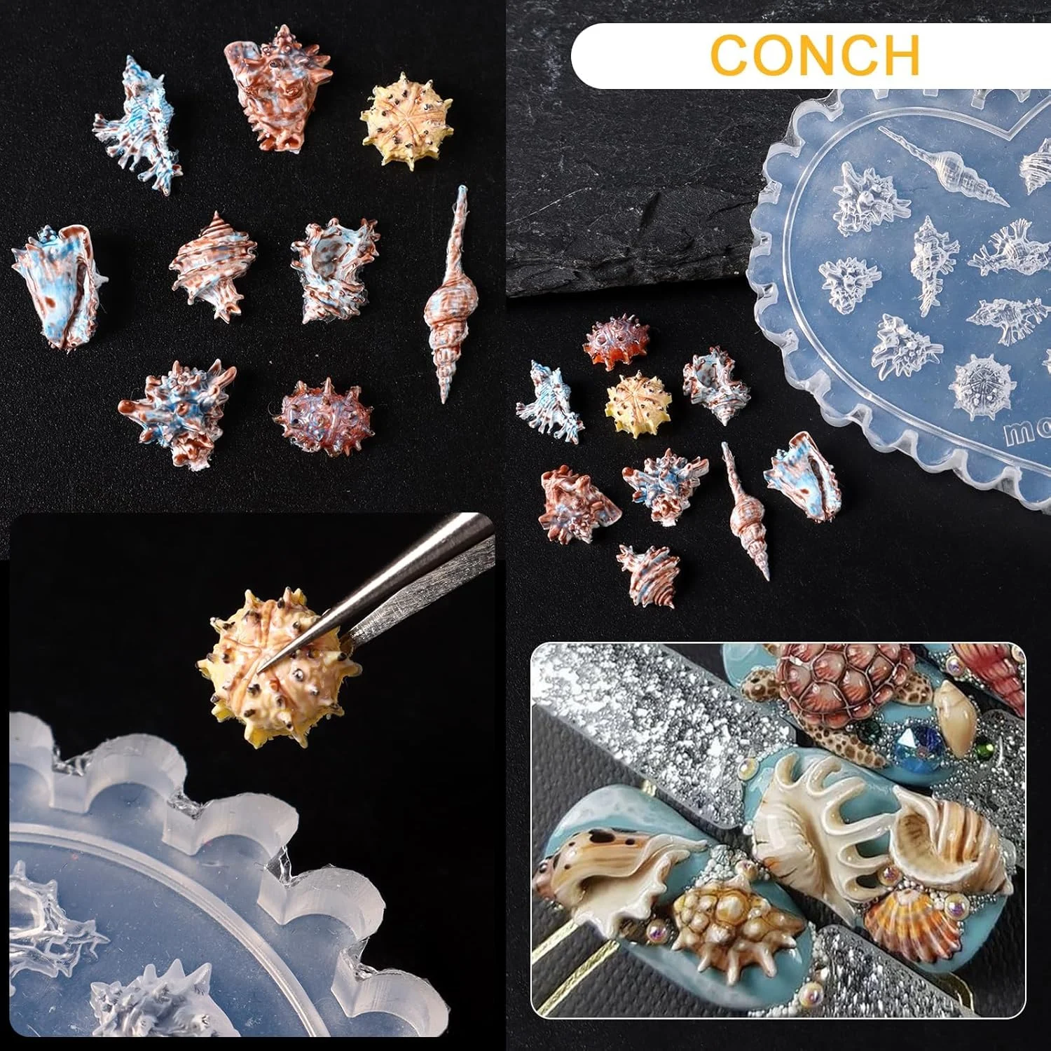 قالب سیلیکونی ناخن اقیانوسی KASTWAVE، مجموعه قالب هنر ناخن با طرح صدف، ستاره دریایی، حلزون، اسب دریایی، زندگی دریایی، قالب سیلیکونی هنر ناخن ژل سه بعدی برای مانیکور DIY تابستانی بانوان