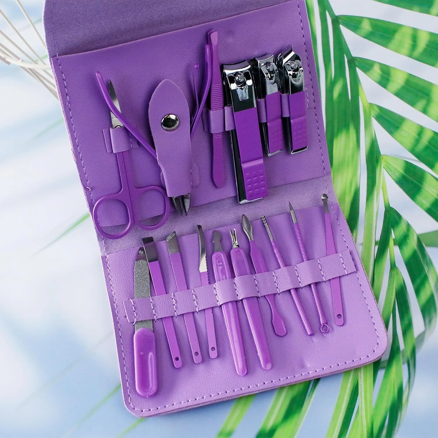ست مانیکور و پدیکور 16 تکه استیل ضد زنگ - ابزار مراقبت از ناخن برای خانم ها و آقایان - بنفش