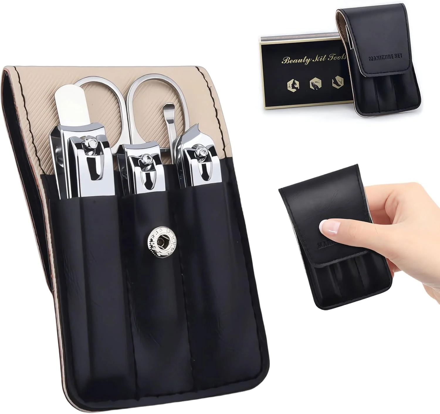 ست ناخن گیر، 6 تکه ناخن گیر پا، ناخن گیر استیل ضد زنگ و ست مانیکور چرمی PU، ایده های هدیه کیت مسافرتی لوازم ضروری کیف پول