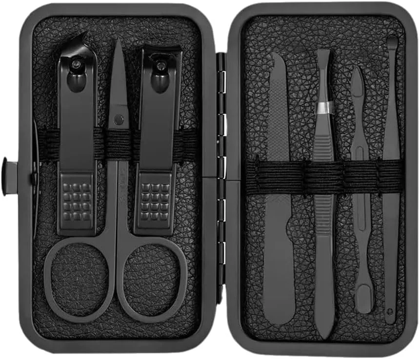ست مانیکور مشکی کلاسیک - ست 7 تکه استیل ضد زنگ برای مراقبت از دست، پا و صورت - ابزار با کیفیت عالی با کیف چرمی و دکمه سوئیچ لمسی