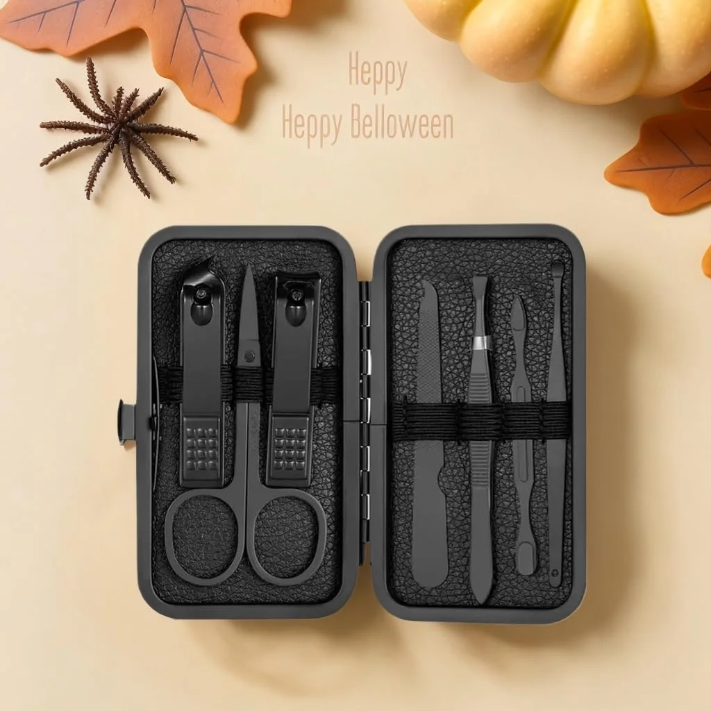 ست مانیکور مشکی کلاسیک - ست 7 تکه استیل ضد زنگ برای مراقبت از دست، پا و صورت - ابزار با کیفیت عالی با کیف چرمی و دکمه سوئیچ لمسی