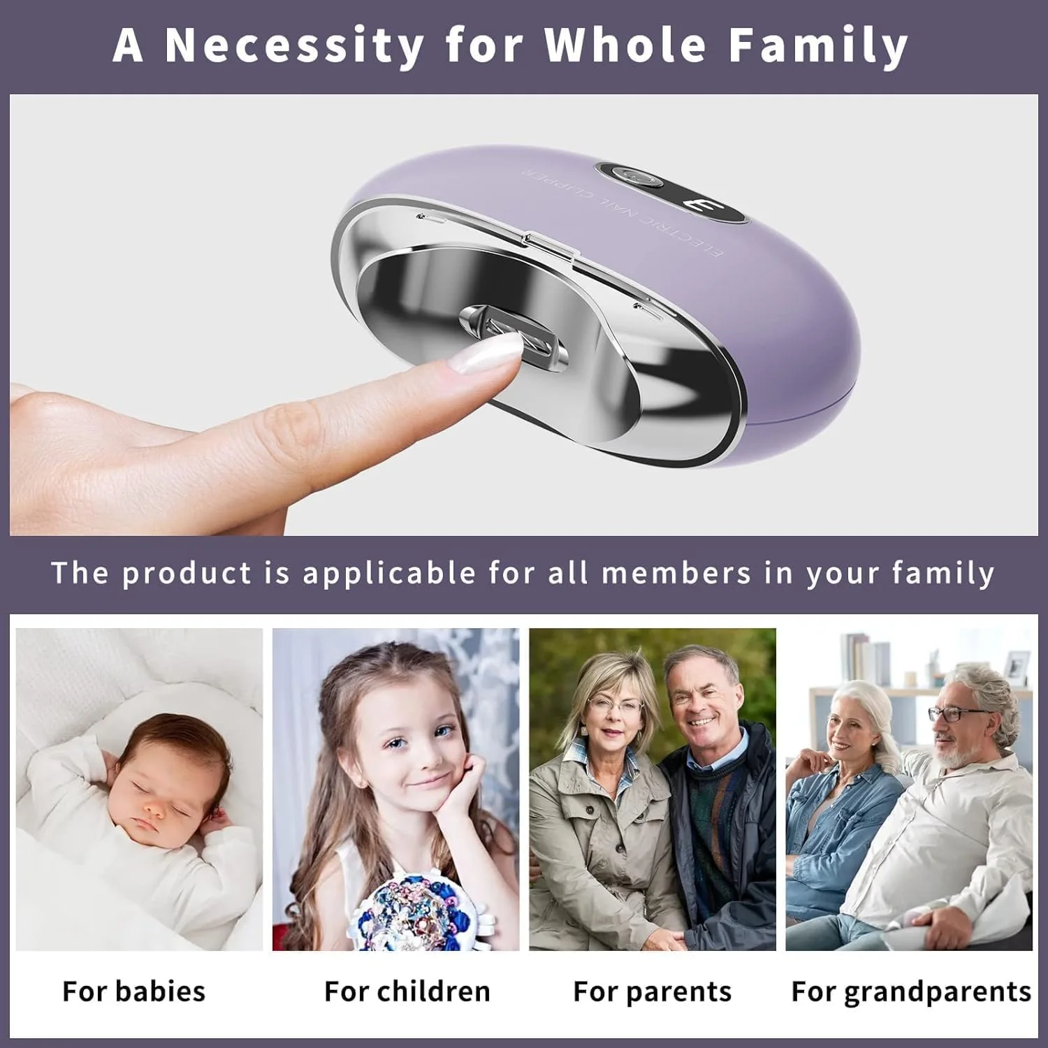 ناخن گیر اتوماتیک، ناخن گیر برقی اتوماتیک ایمن، کاتر و سوهان ناخن قابل شارژ، قیچی ناخن هدیه برای بزرگسالان، سالمندان، نوزادان، کودکان، مردان، زنان (بنفش)