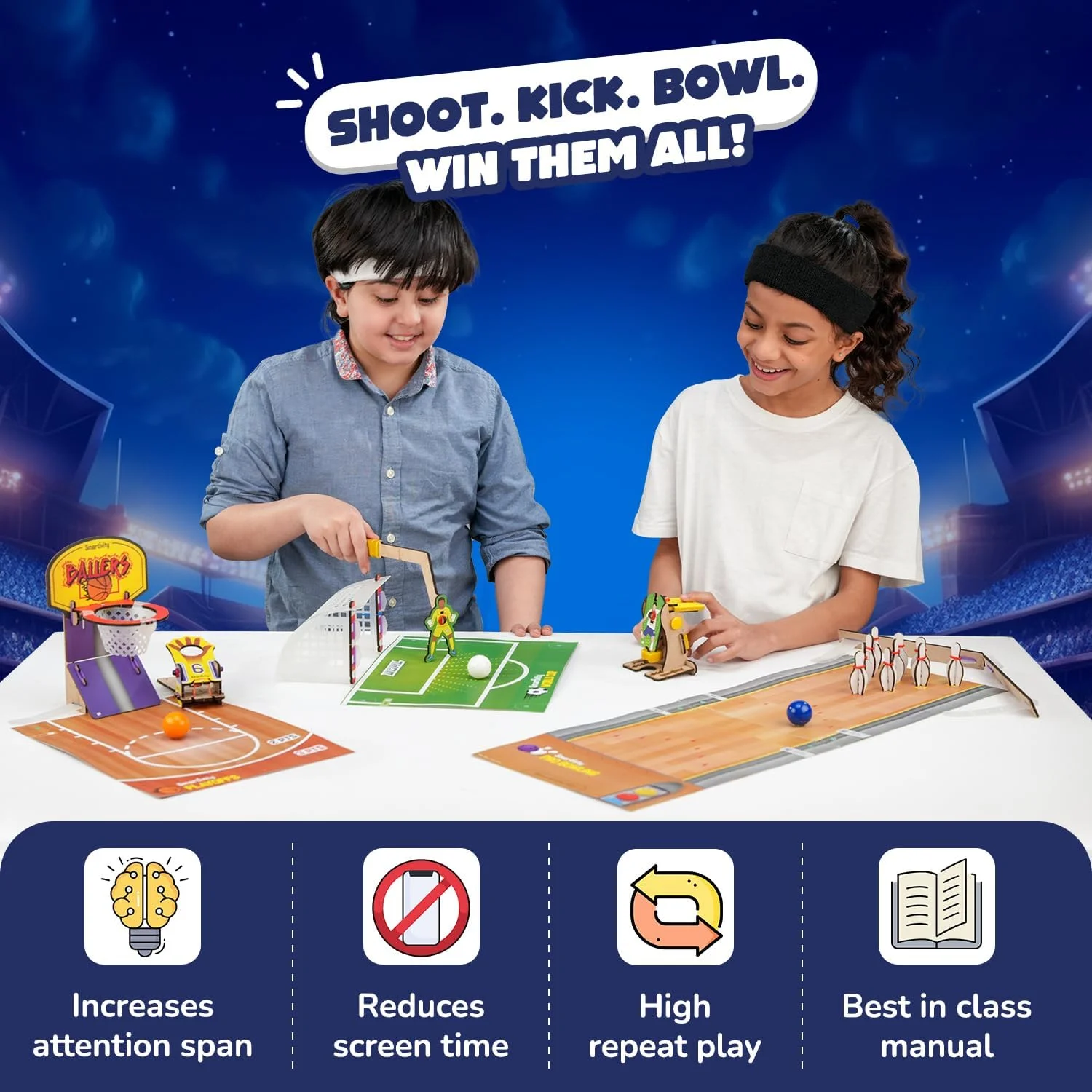 بازی ورزشی 3 در 1 Smartivity شامل بسکتبال، فوتبال و بولینگ | بازی سرپوشیده برای کودکان 6 تا 12 سال | اسباب بازی STEM DIY برای کودکان 6، 7، 8، 9، 10، 11، 12 سال | کیت ساخت چوبی