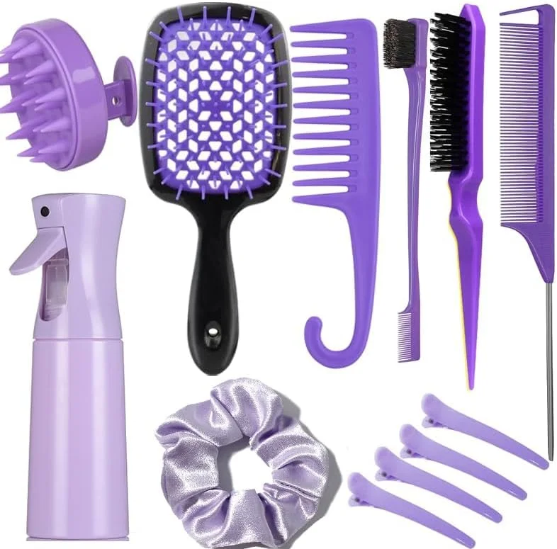 ست برس مو 12 تکه، بطری اسپری، 3 عدد برس موی صاف برای کودکان نوپا، ماساژور نرم پوست سر، برس باز کننده گره مو برای موهای مجعد خشک و مرطوب، شانه های دندانه پهن برای دختران و زنان (بنفش)