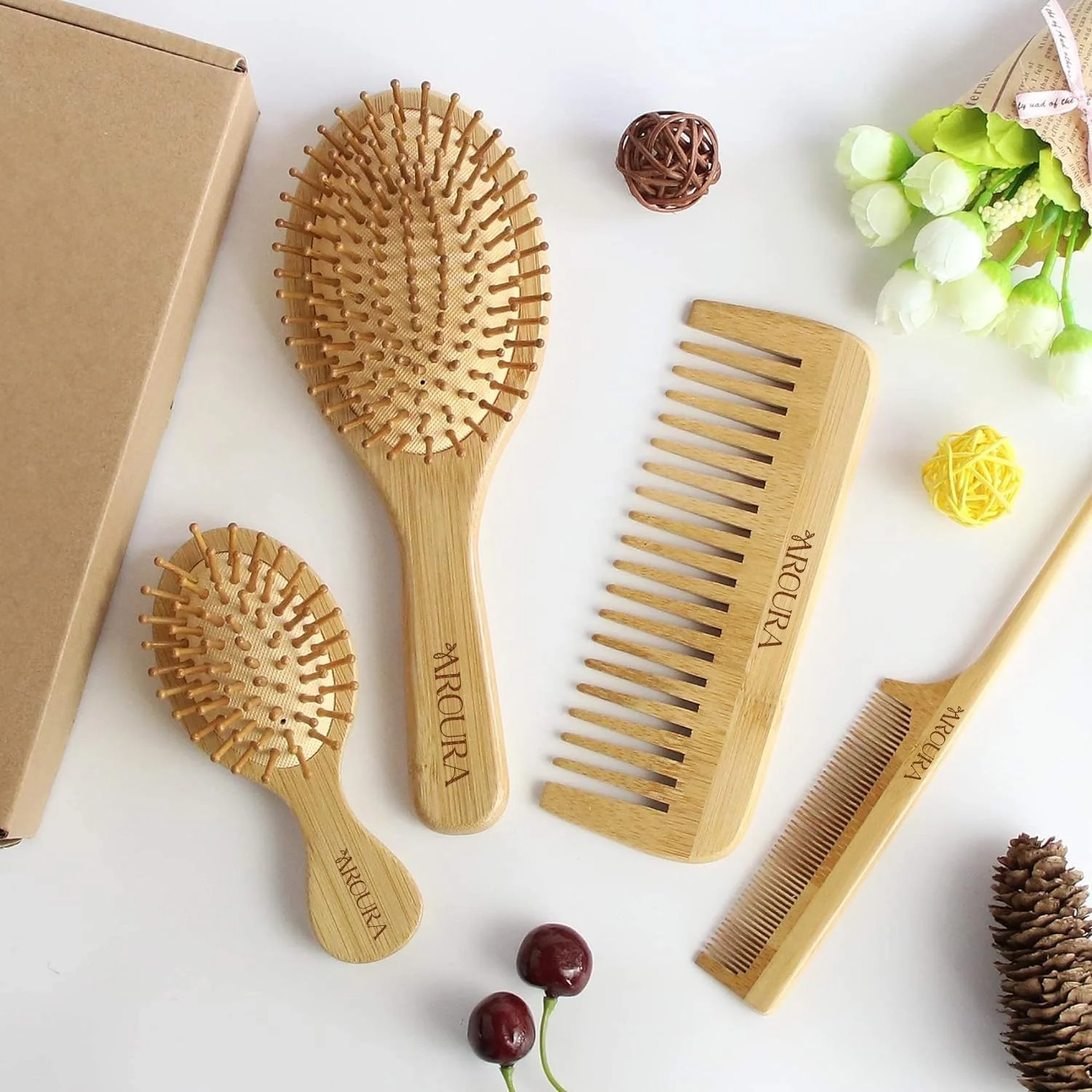 ست برس مو بامبو آرورا پریمیوم - شانه دندانه پهن و دم باریک، برس باز کننده گره مو، بدون پرز، مناسب برای موهای ضخیم/نازک/فرفری/خشک، ایده آل برای زنان، مردان و کودکان - کیت هدیه زرد