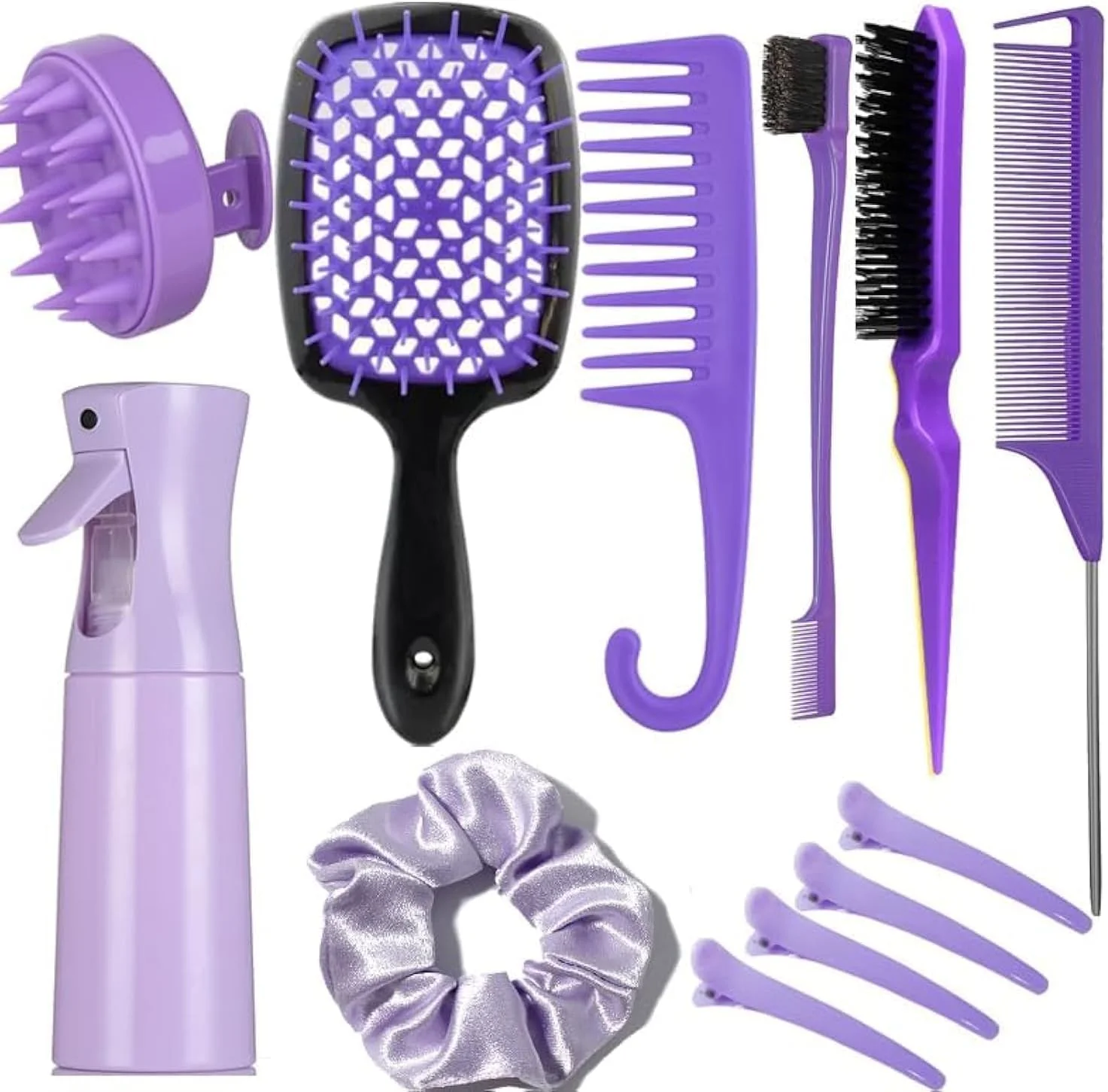 ست برس مو 12 تکه، بطری اسپری، 3 عدد برس موی صاف کننده برای کودکان نوپا، زنان، ماساژور نرم پوست سر برای حمام نوزاد، برس های باز کننده گره مو با شانه های دندانه پهن برای نوزادان دختر و پسر (بنفش)