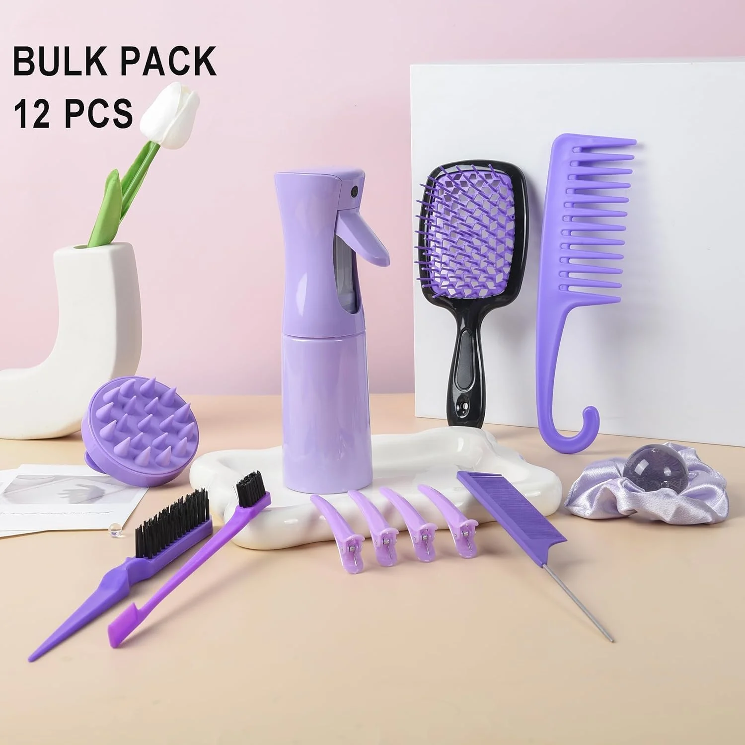 ست برس مو 12 تکه، بطری اسپری، 3 عدد برس موی صاف کننده برای کودکان نوپا، زنان، ماساژور نرم پوست سر برای حمام نوزاد، برس های باز کننده گره مو با شانه های دندانه پهن برای نوزادان دختر و پسر (بنفش)