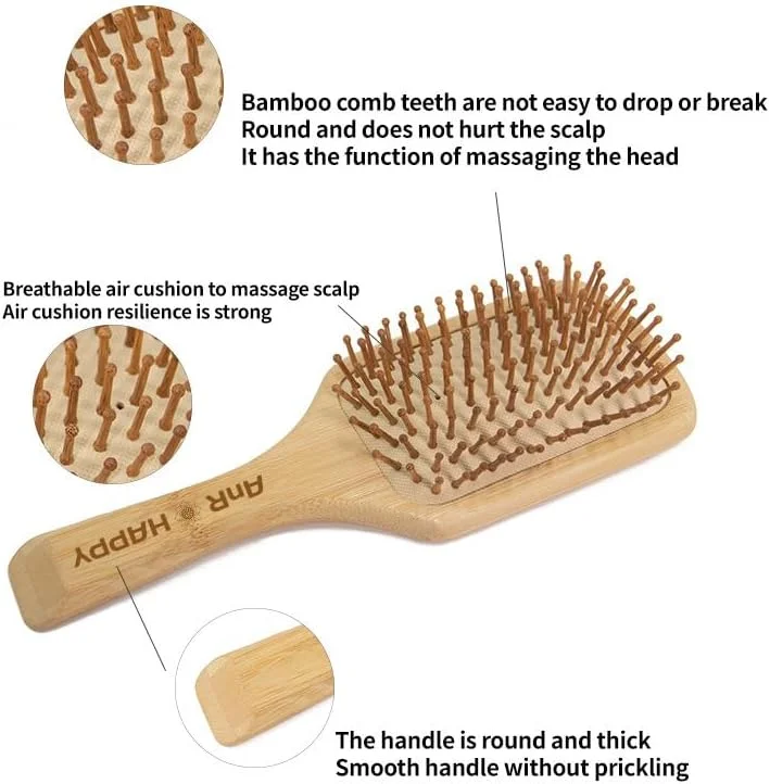 برس موی چوبی پارویی باز کننده گره مو برای ماساژ پوست سر با بالشتک هوا و چوب بامبو مناسب آقایان و بانوان