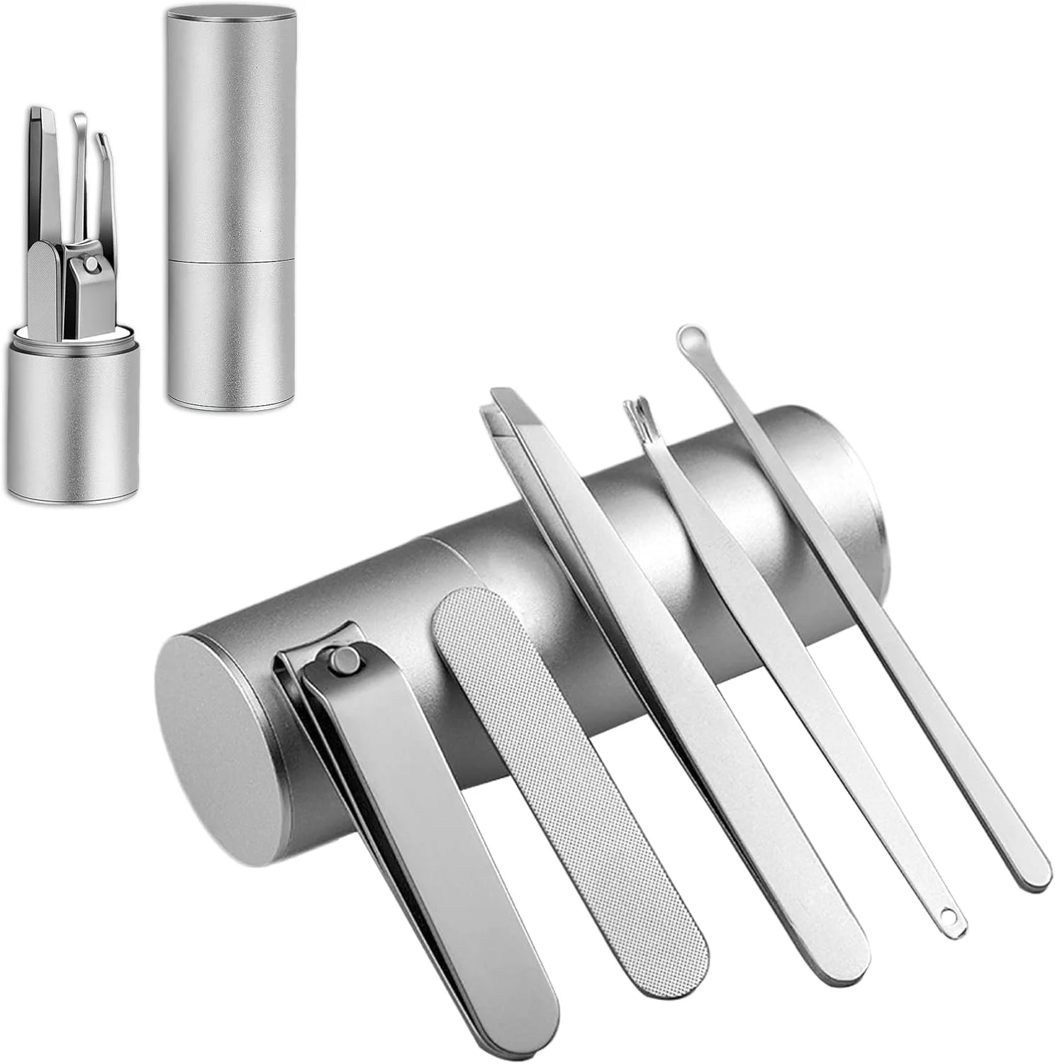 ست ناخن گیر، ست ناخن گیر استیل ضد زنگ، ست مانیکور شامل سوهان ناخن، عقب زننده کوتیکول، موچین ابرو و قاشقک گوش، ست مراقبت از ناخن به همراه کیف برای مانیکور و پدیکور، ست 5 عددی (نقره ای)