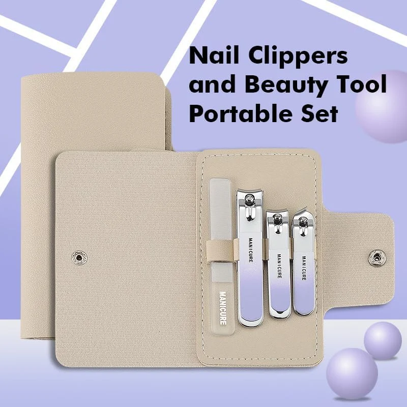 ست مانیکور 4 تکه استیل ضد زنگ، ناخن گیر، قیچی ناخن، ست مانیکور قابل حمل با طرح چاپی، ست 4 تکه باز و بسته شو گرادیان بنفش