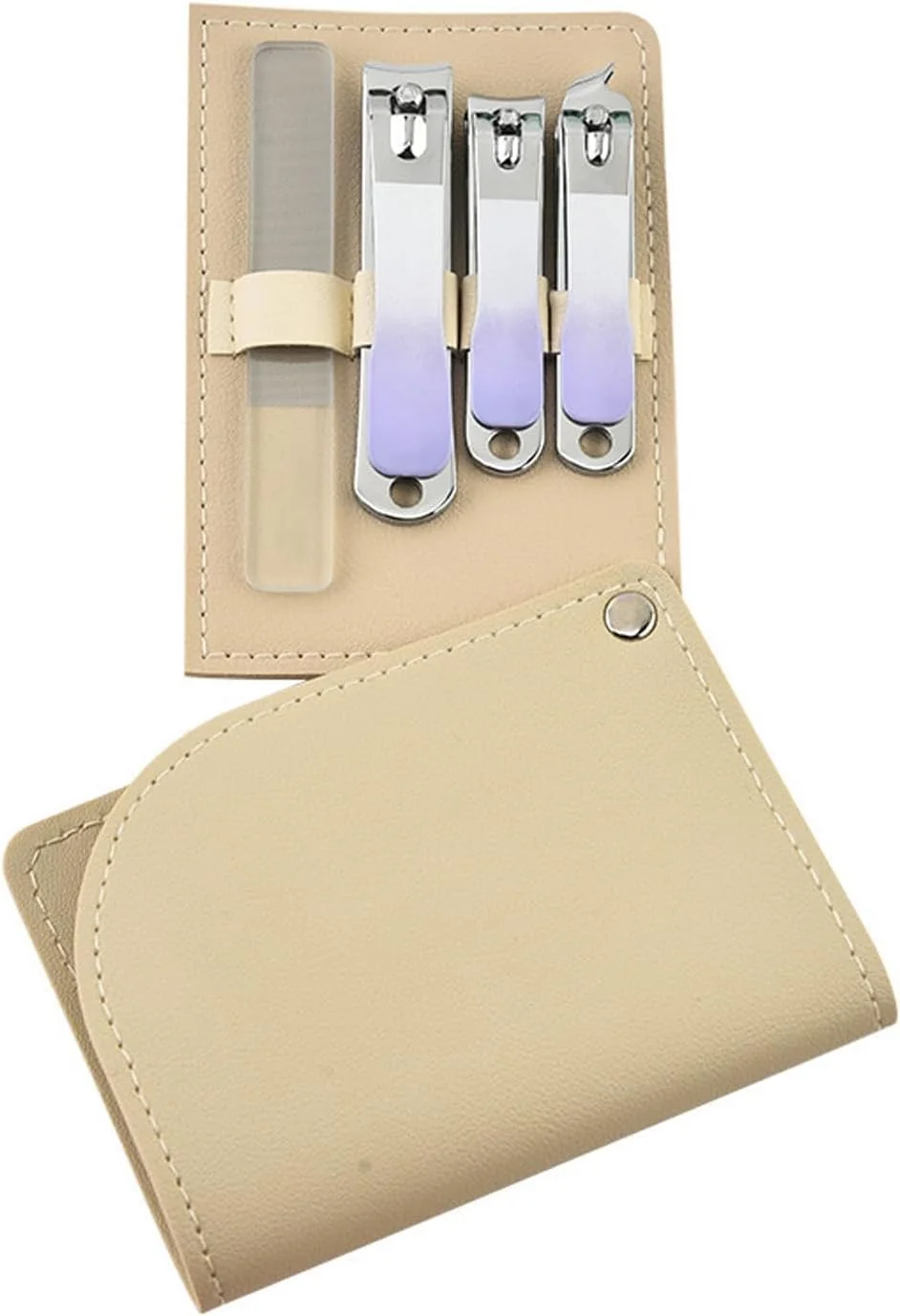 ست مانیکور 4 تکه استیل ضد زنگ، ناخن گیر، قیچی ناخن، ست مانیکور قابل حمل با طرح چاپی، ست 4 تکه باز و بسته شو گرادیان بنفش