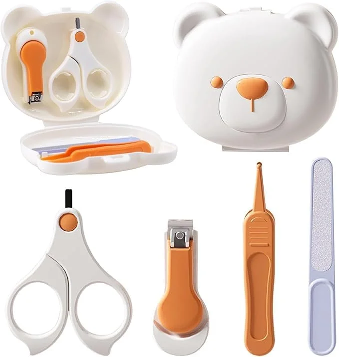 ست مانیکور نوزاد تزویق 4 در 1 با جعبه خرسی، شامل سوهان ناخن، قیچی، سوهان و موچین، کیت ضروری برای نظافت نوزاد با جعبه نگهداری (سفید)