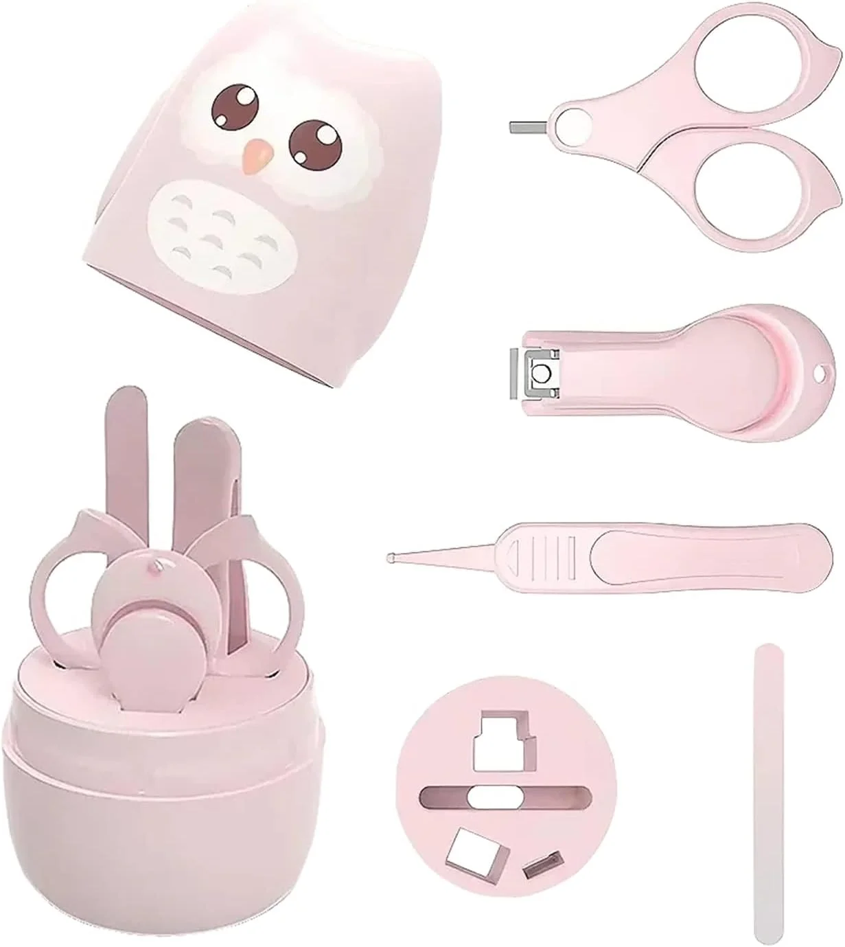 ست مانیکور و پدیکور ناخن نوزاد تزویق (4 تکه) با جعبه طرح جغد زیبا، شامل ناخن گیر، قیچی، سوهان ناخن و موچین برای نوزاد، کودک نوپا، روز مادر (صورتی)