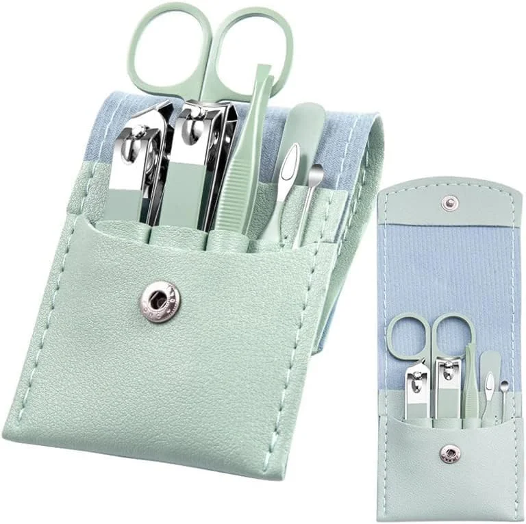 ست مانیکور تزویق، ست 7 تکه ناخن گیر مسافرتی با کیف چرمی سبز، کیت مراقبت از ناخن و مانیکور استیل ضد زنگ