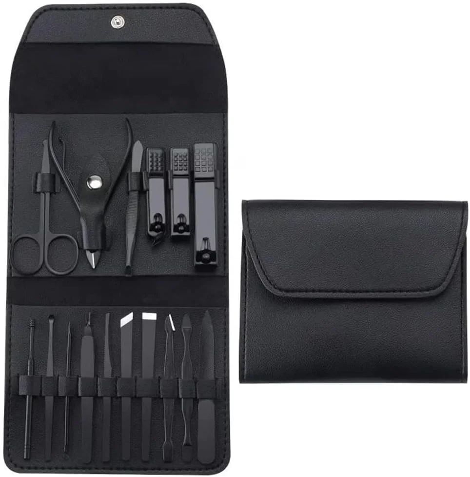 ست ناخن گیر تزویق، ست قیچی ناخن و ناخن گیر انگشتان پا، فولاد ضد زنگ، مناسب برای آقایان، بانوان و کودکان (مشکی)