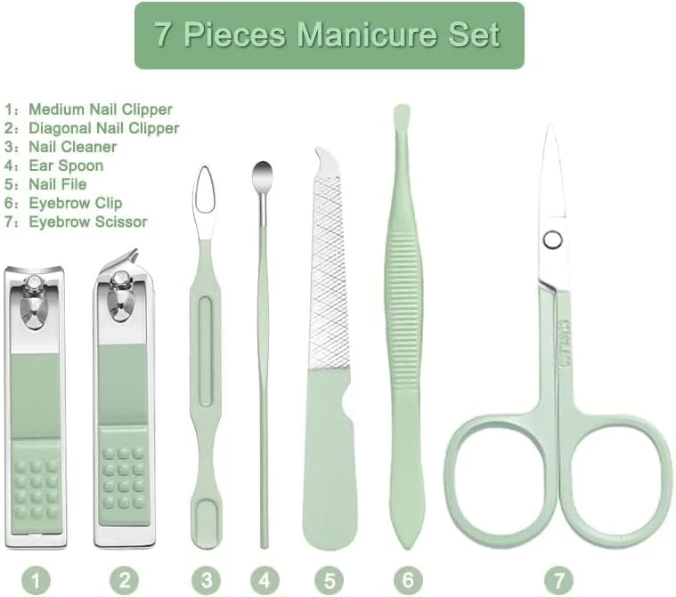 ست مانیکور تزویق، ست 7 تکه ناخن گیر مسافرتی با کیف چرمی سبز، کیت مراقبت از ناخن و مانیکور استیل ضد زنگ ست مانیکور تزویق، ست 7 تکه ناخن گیر مسافرتی با کیف چرمی سبز، کیت مراقبت از ناخن و مانیکور استیل ضد زنگ