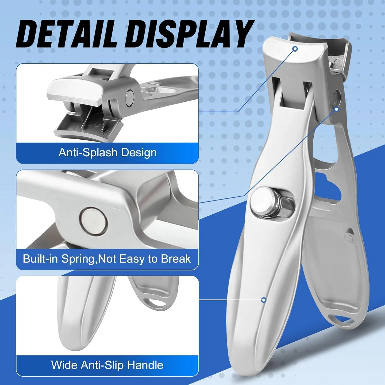 ناخن گیر تزویق، استیل ضد زنگ ممتاز با طراحی دهانه پهن ضد پاشش - فوق العاده تیز و مقاوم با اهرم ارگونومیک، مناسب بزرگسالان و سالمندان (نقره ای)