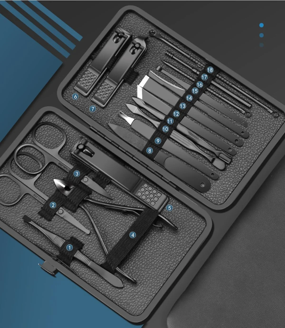 ست مانیکور ناخن - ست 18 تکه قیچی ناخن حرفه ای استیل ضد زنگ، ست هدیه پیرایش ناخن مردانه و زنانه، ست موچین مانیکور و پدیکور با کیف مسافرتی قابل حمل