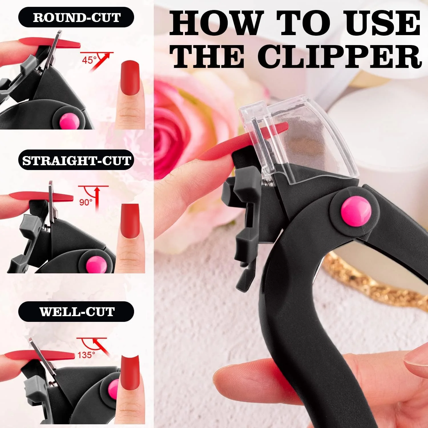 ناخن گیر اکریلیک قابل تنظیم با سایزر، گیره و اندازه گیری طول، تیغه استیل ضد زنگ حرفه ای مشکی، ابزار مانیکور ناخن مصنوعی برای سالن و خانه