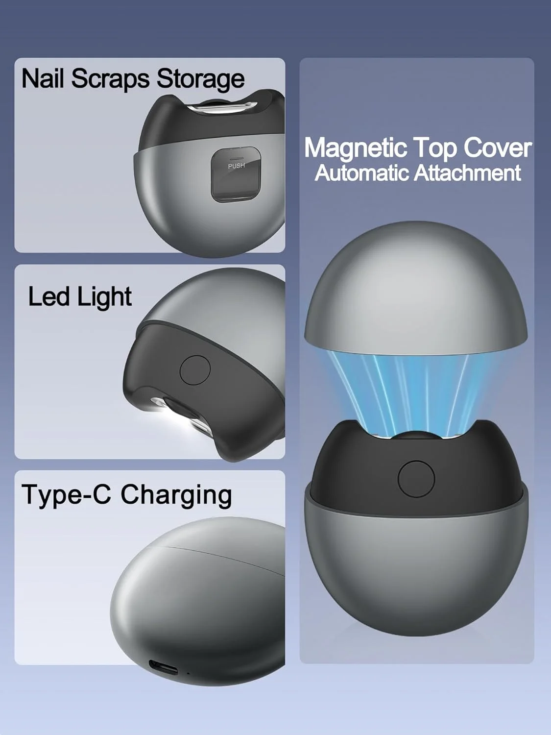 ناخن گیر برقی اتوماتیک با چراغ، 2 سرعت، پوشش مغناطیسی، مخزن نگهداری خرده ناخن، قابل شارژ USB، ناخن گیر برقی ایمن برای کودکان، بزرگسالان، سالمندان، آقایان، مراقبان، خاکستری