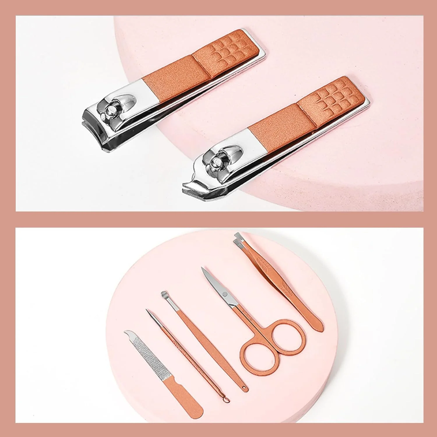 ست ناخن گیر، طلایی، 7 تکه، ست حرفه ای پیرایش از جنس استیل ضد زنگ، ابزار مراقبت از ناخن به همراه کیف مسافرتی لوکس