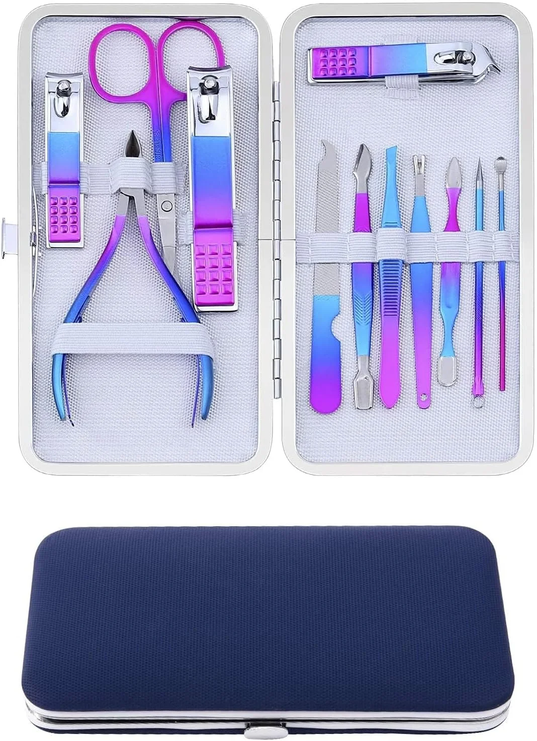 ست مانیکور و پدیکور حرفه ای IFAN شامل سوهان ناخن، ناخن گیر 12/15 تکه استیل رنگین کمانی، ابزار مراقبت از صورت، مناسب برای مسافرت و هدیه برای خانم ها و آقایان (12 تکه)