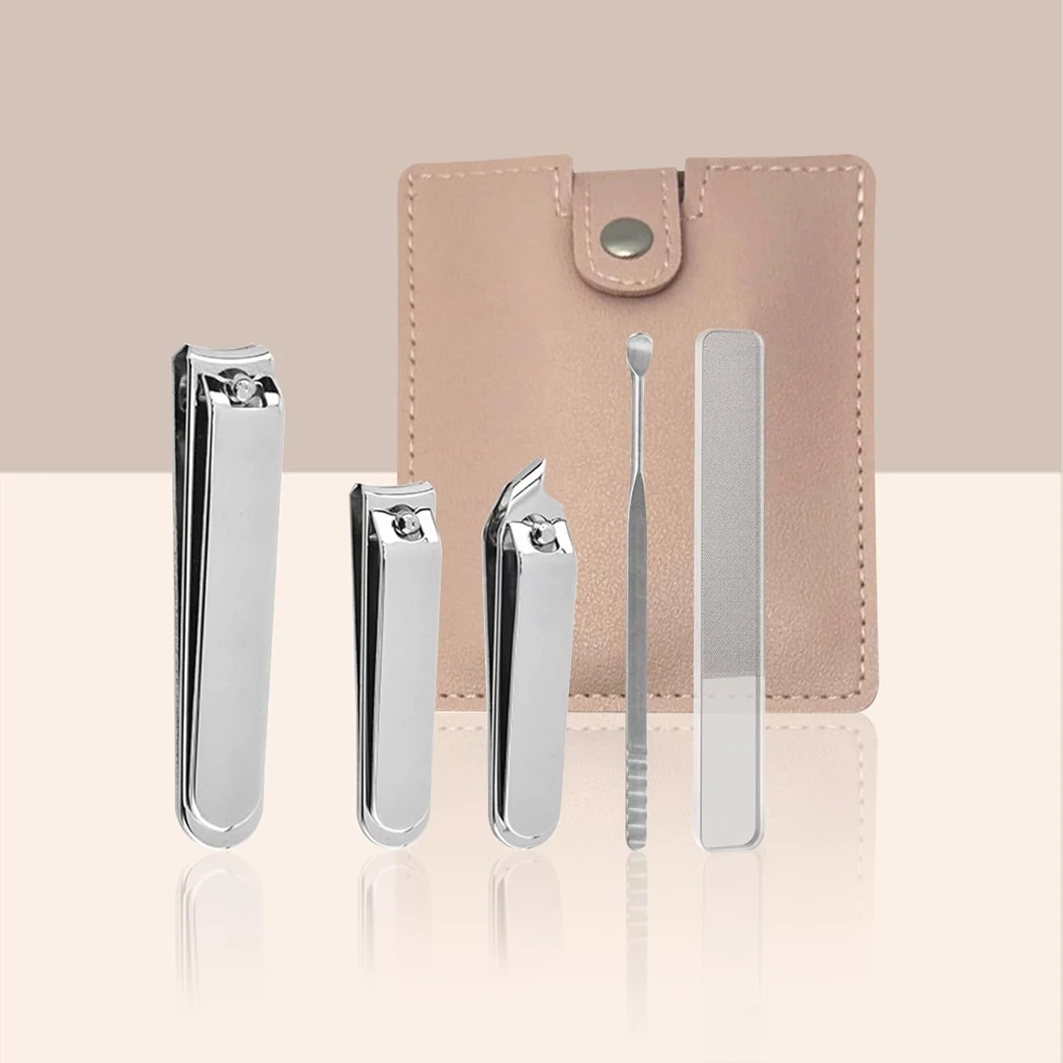 ست ناخن گیر، قیچی ناخن انگشتان دست و پا، ست مانیکور پدیکور - 5 تکه ست حرفه ای استیل ضد زنگ، ابزار مراقبت از ناخن با کیف مسافرتی لوکس - (صورتی)