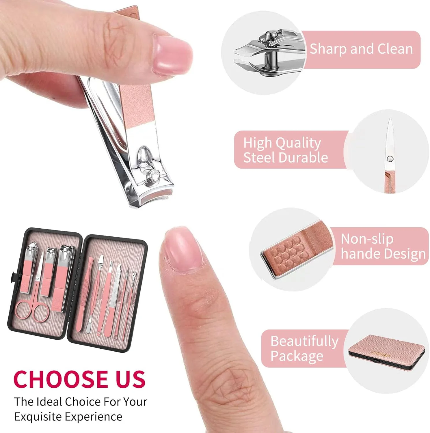 ست مانیکور مسافرتی کوچک ZIZZON، ست ناخن گیر 10 در 1 استیل ضد زنگ، کیت پیرایش و مراقبت از پدیکور با جعبه - صورتی ست مانیکور مسافرتی کوچک ZIZZON، ست ناخن گیر 10 در 1 استیل ضد زنگ، کیت پیرایش و مراقبت از پدیکور با جعبه - صورتی