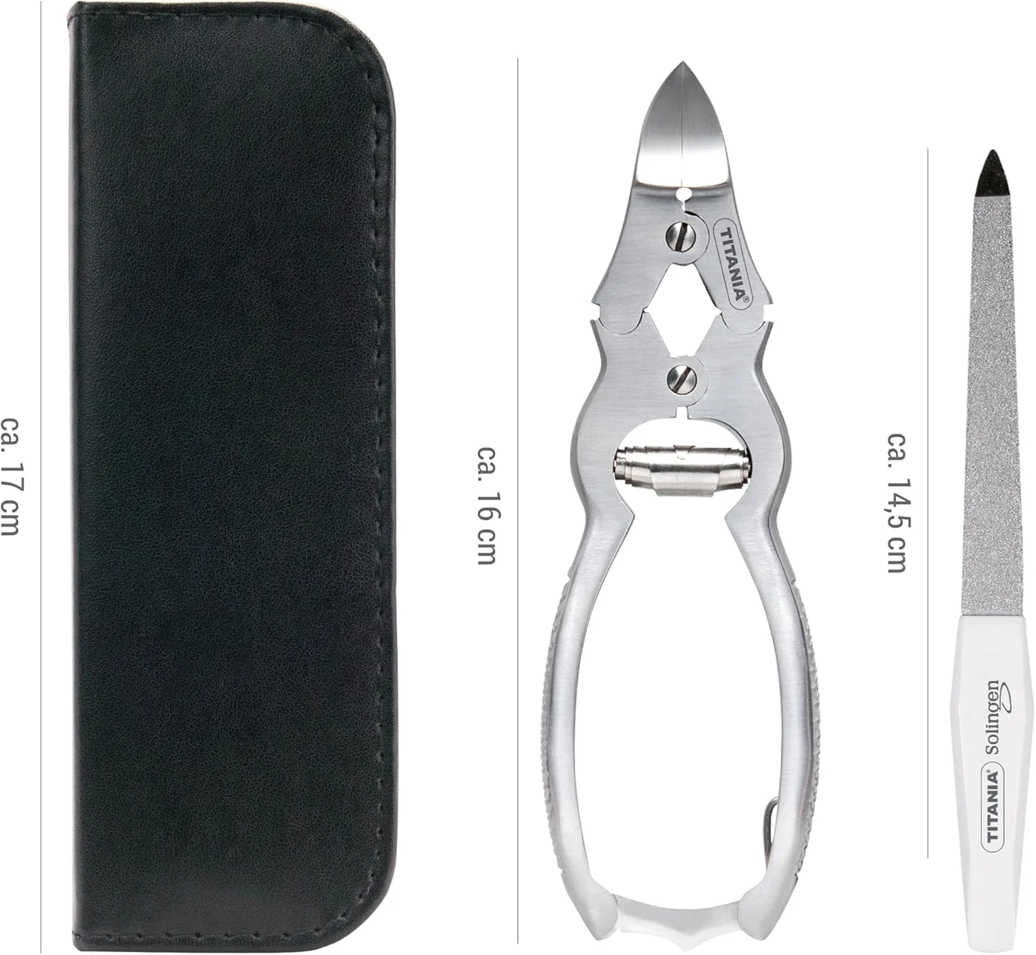 ست ناخن گیر تیتانیا به همراه سوهان ناخن، انبر ناخن بسیار تیز و قدرتمند برای ناخن های سفت پا و دست، شامل کیف با سوهان ناخن یاقوت کبود با کیفیت سولینگن، ساخته شده از استیل ضد زنگ