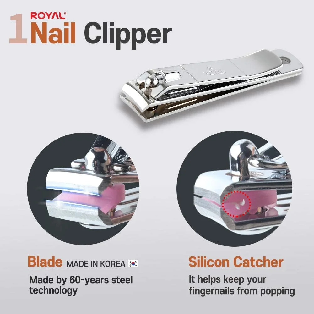 رویال [ساخت کره] ست ۵ تکه جمع و جور ناخن گیر - ناخن گیر، از بین برنده پوست اضافی، سوهان ناخن، موچین کوچک، قیچی ایمنی با کیف قابل حمل مشکی