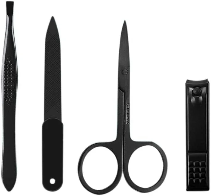 ست ۴ عددی مانیکور شامل ناخن گیر، قیچی استیل مشکی، موچین ابرو، سوهان ناخن و کیف چرمی ست ۴ عددی مانیکور شامل ناخن گیر، قیچی استیل مشکی، موچین ابرو، سوهان ناخن و کیف چرمی