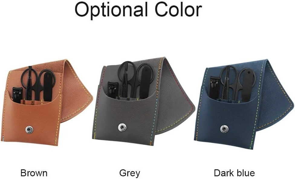 ست ۴ عددی مانیکور شامل ناخن گیر، قیچی استیل مشکی، موچین ابرو، سوهان ناخن و کیف چرمی ست ۴ عددی مانیکور شامل ناخن گیر، قیچی استیل مشکی، موچین ابرو، سوهان ناخن و کیف چرمی