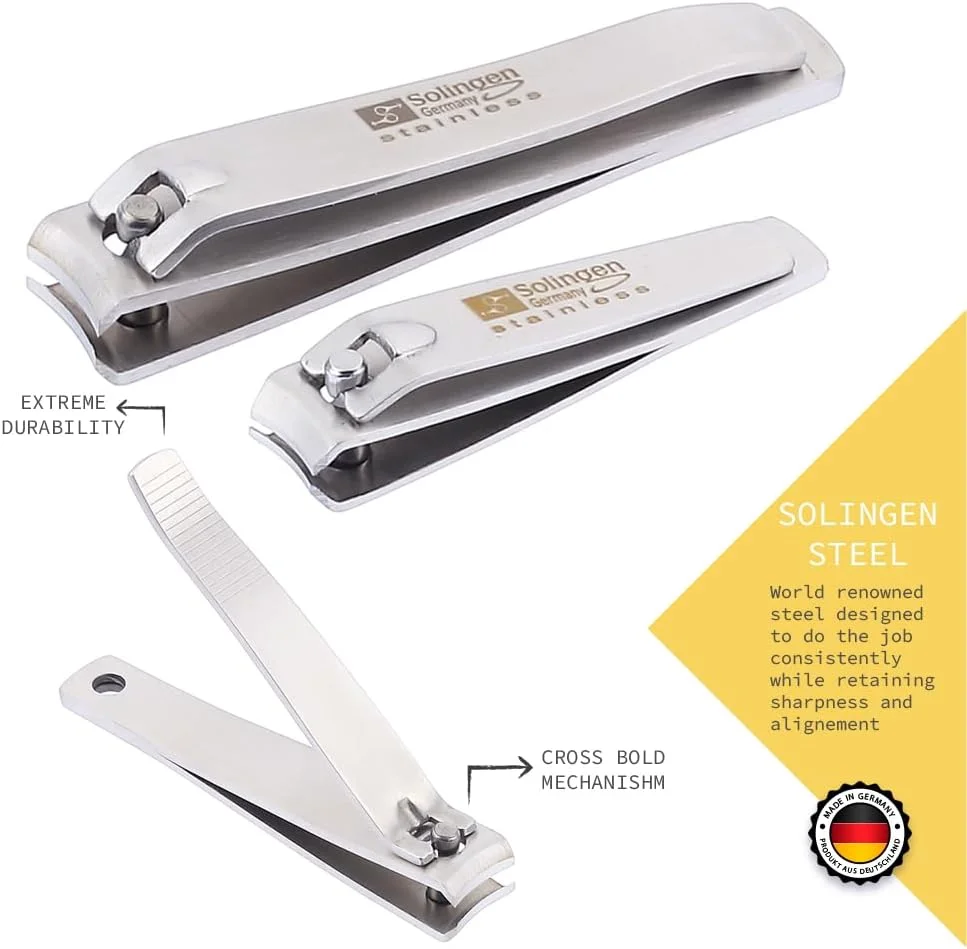 ست دو عددی ناخن گیر سولینگن | ابزار تیز حرفه ای | ساخته شده از فلز استیل ضد زنگ در آلمان | کیت مانیکور و پدیکور مراقبت از ناخن انگشتان دست و پا برای زنان، مردان و نوزاد
