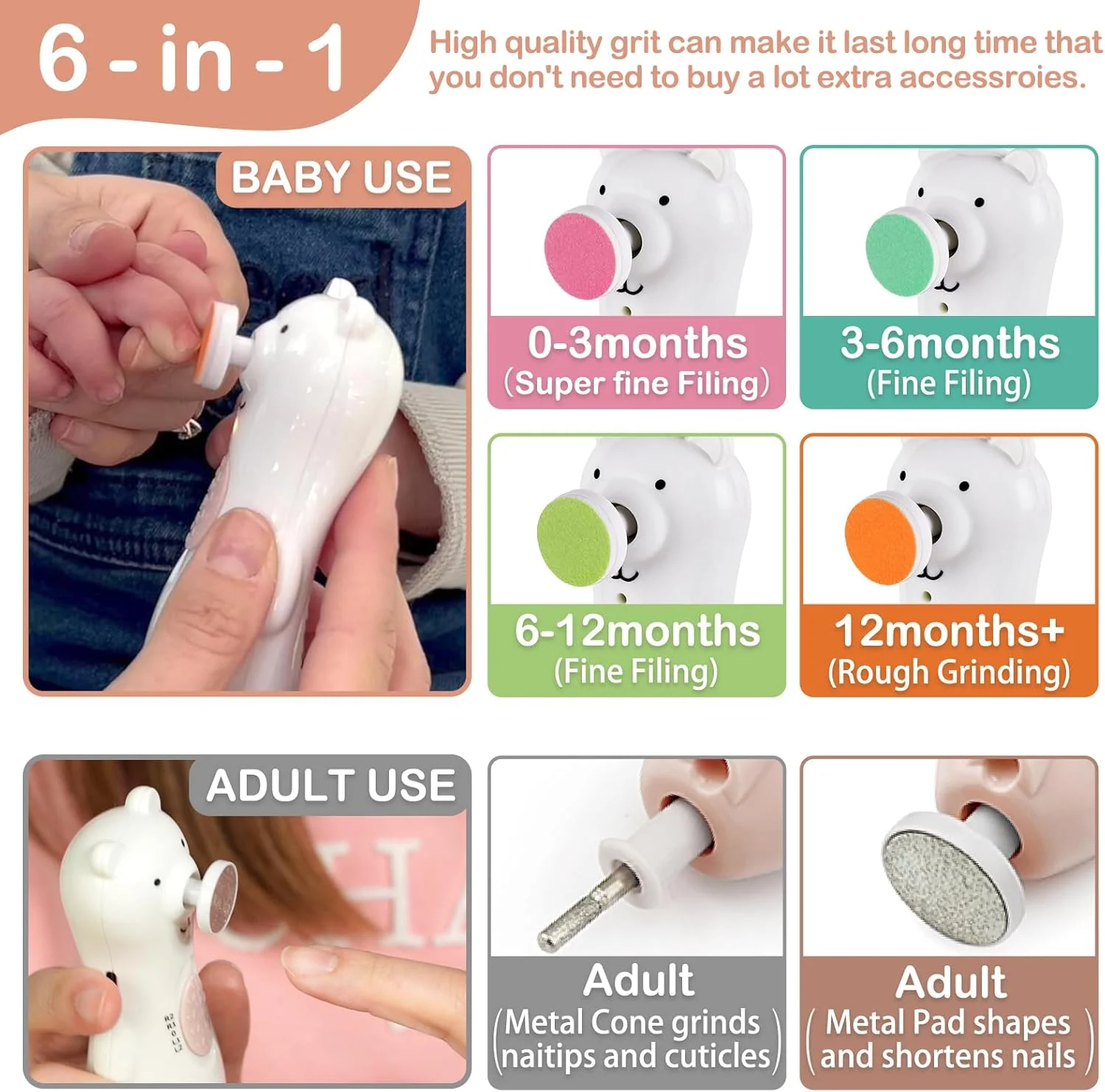 سوهان ناخن برقی کودک هاآکا با چراغ LED - ناخن گیر و بافر شارژی برای نوزادان، کودکان و بزرگسالان - شامل سرهای تعویضی اضافی و کابل شارژ (طرح خرس) سوهان ناخن برقی کودک هاآکا با چراغ LED - ناخن گیر و بافر شارژی برای نوزادان، کودکان و بزرگسالان - شامل سرهای تعویضی اضافی و کابل شارژ (طرح خرس)