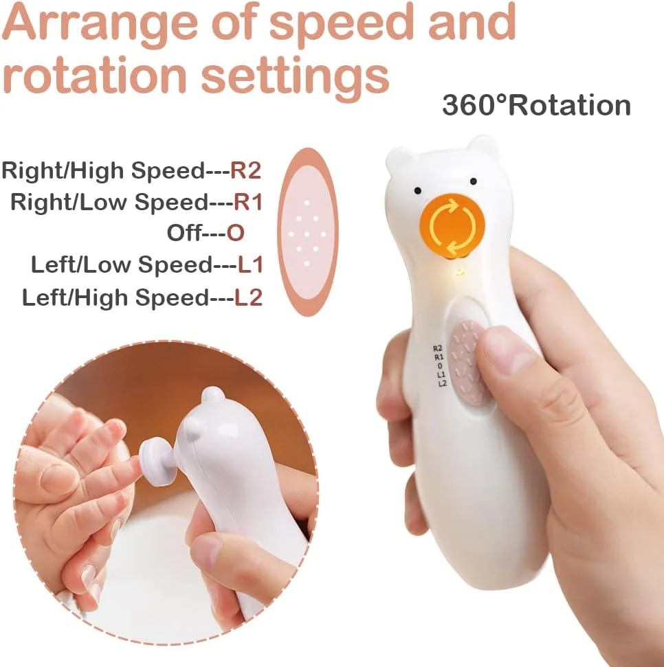 سوهان ناخن برقی کودک هاآکا با چراغ LED - ناخن گیر و بافر شارژی برای نوزادان، کودکان و بزرگسالان - شامل سرهای تعویضی اضافی و کابل شارژ (طرح خرس) سوهان ناخن برقی کودک هاآکا با چراغ LED - ناخن گیر و بافر شارژی برای نوزادان، کودکان و بزرگسالان - شامل سرهای تعویضی اضافی و کابل شارژ (طرح خرس)