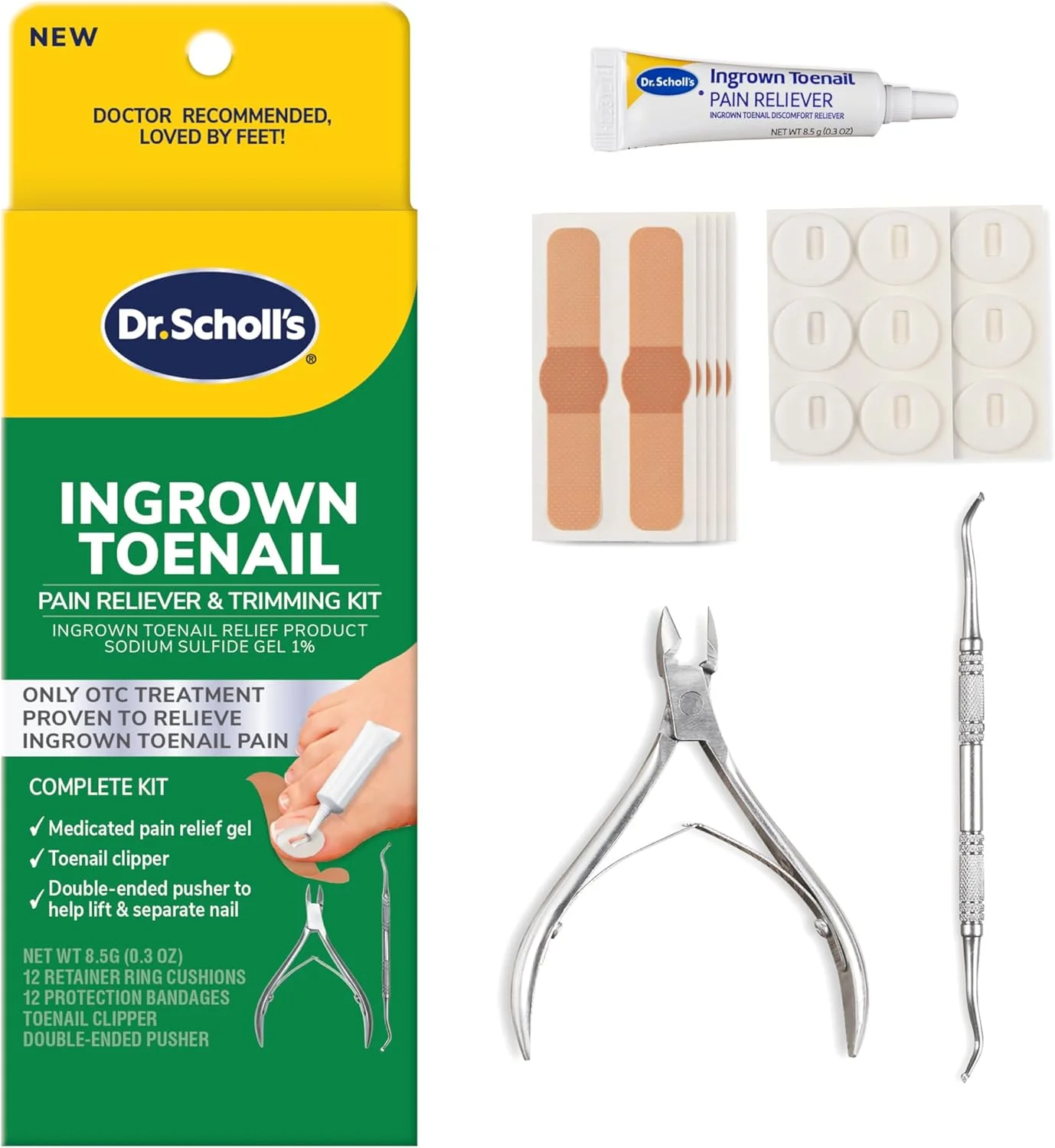 کیت درمان و تسکین درد ناخن فرورفته دکتر شولز، 8.5 گرم // تنها درمان بدون نسخه که ثابت شده درد ناخن فرورفته را تسکین می دهد - شامل ژل دارویی + حلقه های فومی + بانداژ + ابزار قیچی و فشار دهنده