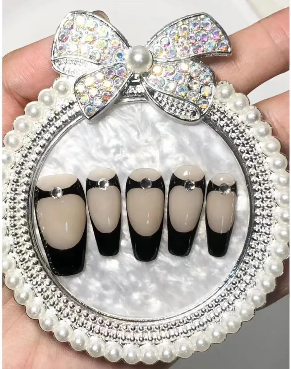 ناخن مصنوعی بلند بالرین مشکی نگین دار دست ساز MouyouGlow، ناخن های مصنوعی مشکی گوتیک ژله ای قابل استفاده مجدد با چسب خودکار، ناخن های مصنوعی دست ساز، 10 عدد (#36-L)