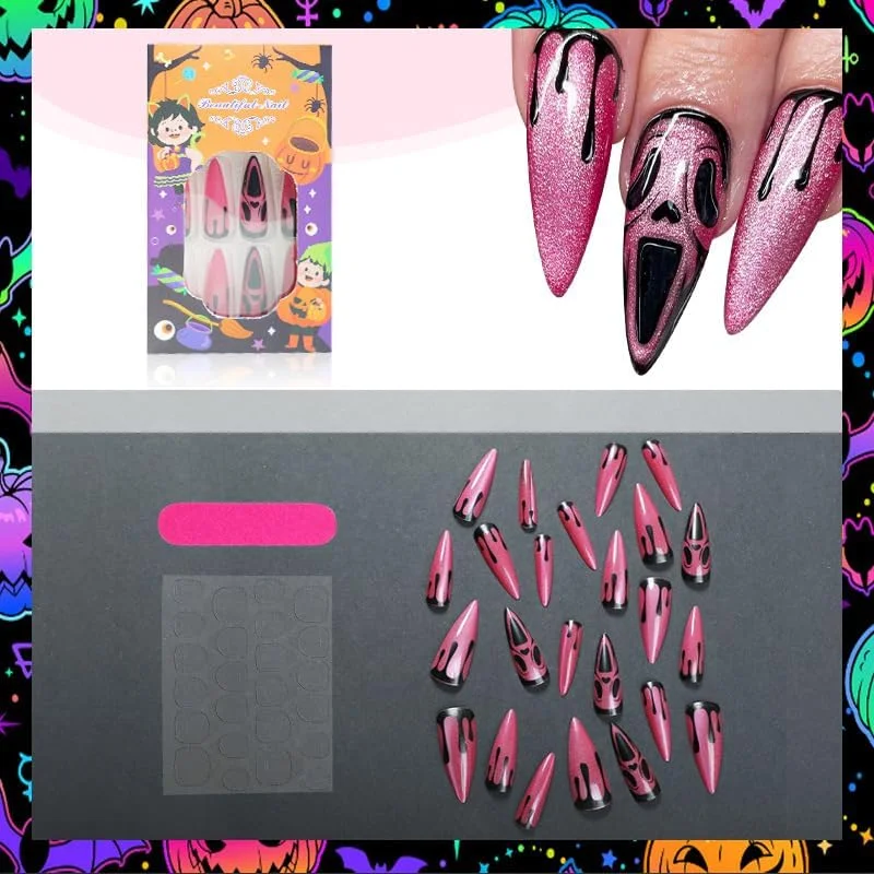 ناخن مصنوعی بلند MouyouGlow، طرح های هالووین صورتی، شبح، خون، اسکلت، گربه ای مغناطیسی، همراه با چسب ناخن، ناخن های مصنوعی ترسناک صورتی