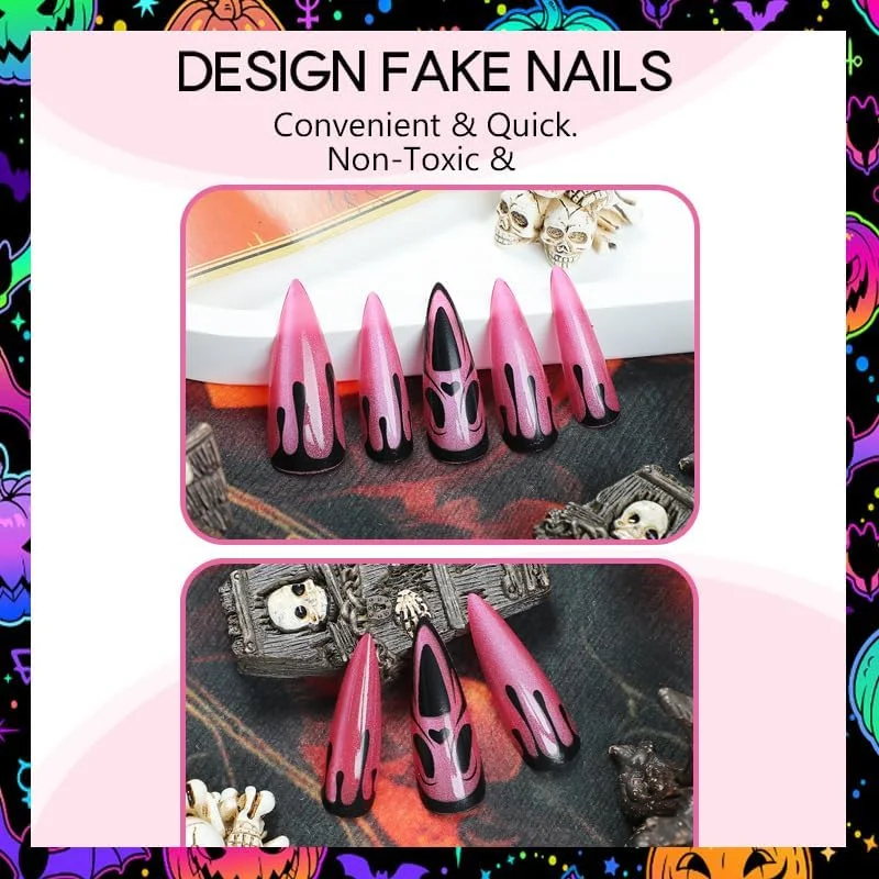 ناخن مصنوعی بلند MouyouGlow، طرح های هالووین صورتی، شبح، خون، اسکلت، گربه ای مغناطیسی، همراه با چسب ناخن، ناخن های مصنوعی ترسناک صورتی