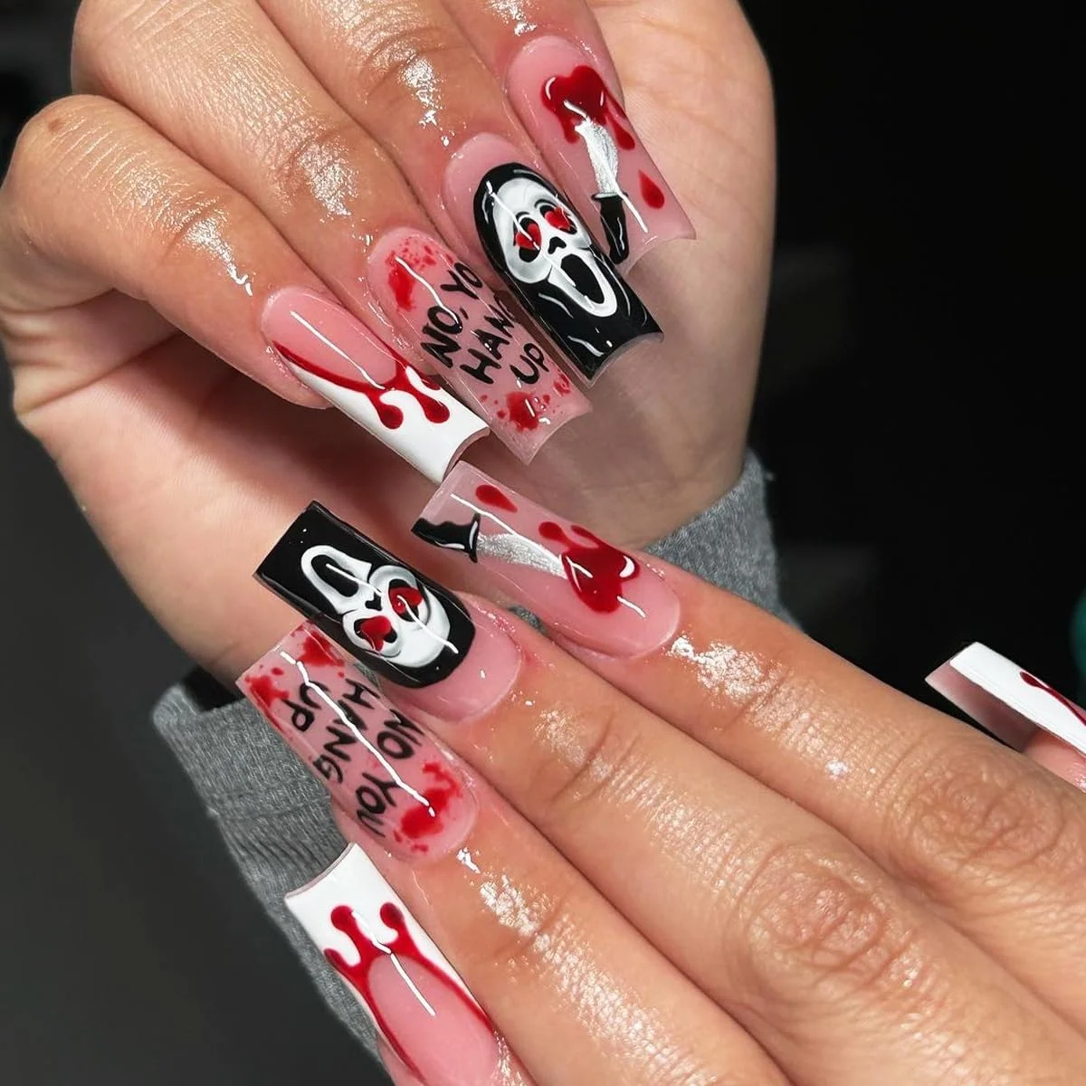 ناخن مصنوعی بالرین بلند طرح هالووین، شبح، قلب، خون، جمجمه، خون آشام، ترسناک و شبح وار به همراه چسب ناخن