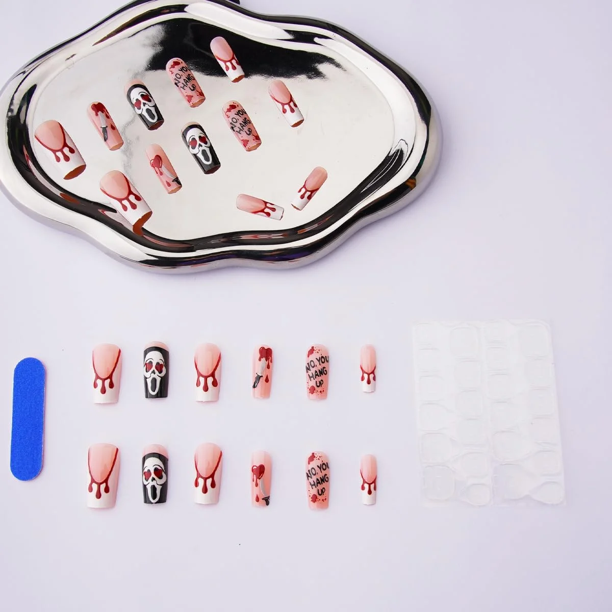 ناخن مصنوعی بالرین بلند طرح هالووین، شبح، قلب، خون، جمجمه، خون آشام، ترسناک و شبح وار به همراه چسب ناخن
