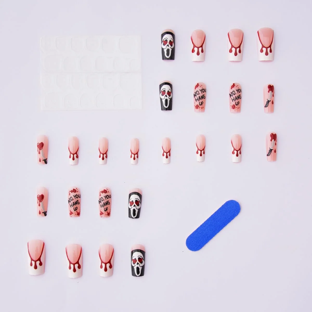 ناخن مصنوعی بالرین بلند طرح هالووین، شبح، قلب، خون، جمجمه، خون آشام، ترسناک و شبح وار به همراه چسب ناخن