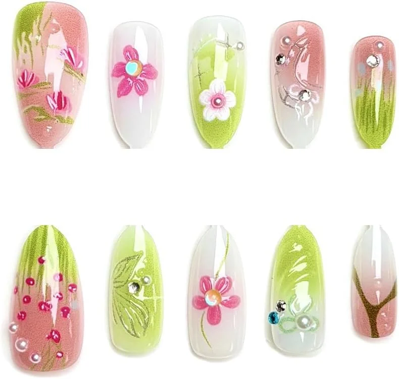 ناخن مصنوعی چسبی MouyouGlow، 30 عدد، کوتاه، طرح بادامی پاپیونی سه بعدی، گل، پری گلدار پروانه ای، ناخن های مصنوعی کریستالی با چسب ناخن، ناخن های مصنوعی تابستانی پروانه ای