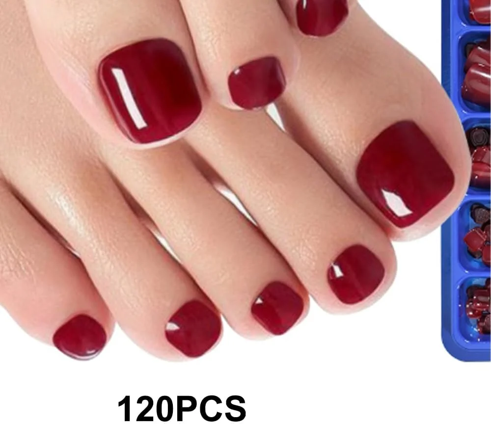 بسته ۱۲۰ عددی ناخن مصنوعی پا MouyouGlow، ناخن پا چسبی، کوتاه، مربعی، قرمز تیره، شرابی، بورگاندی، براق، رنگ های ساده، قرمز تیره، ناخن مصنوعی پا، پوشش کامل، پرس ناخن پا