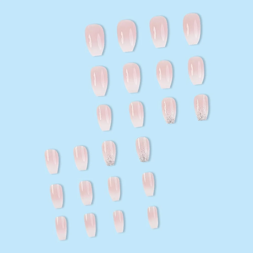 ناخن مصنوعی بالرینی کوتاه MouyouGlow، بیبی بومر، گرادیان رنگی، اکلیلی سفید، ناخن های مصنوعی با چسب ناخن، آمبره صورتی طبیعی